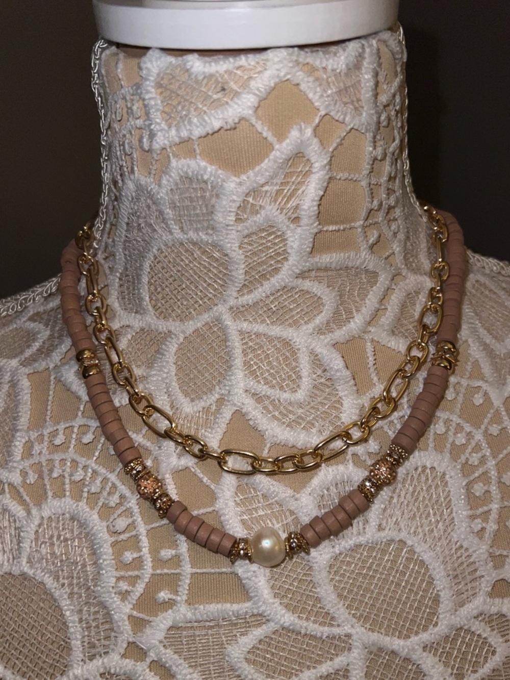 Pink Panache Blush Beaded Double Strand Necklace with Gold Chain